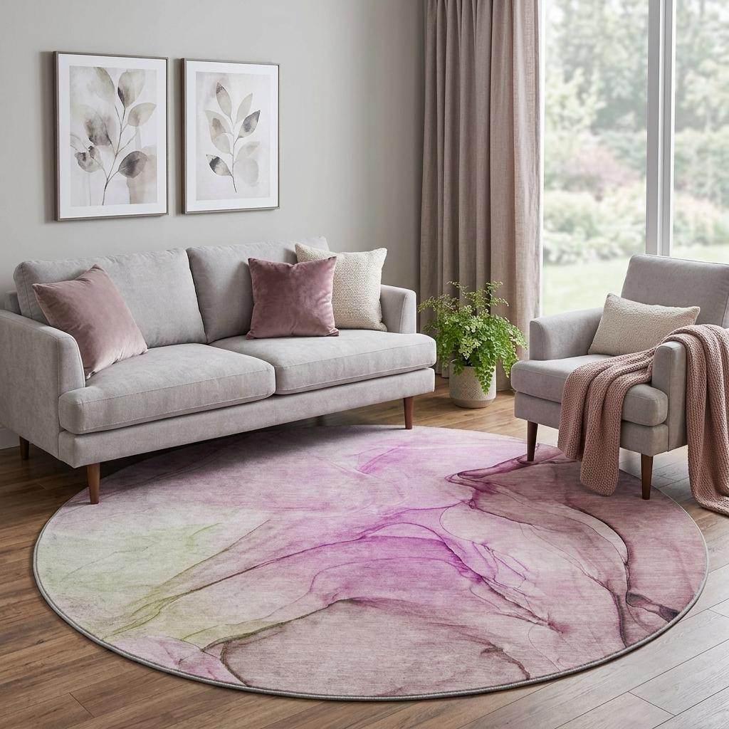 8' Pink And Purple Abstract Shag Washable Round Rug With UV Protection - HomeRoots - Flyclothing LLC