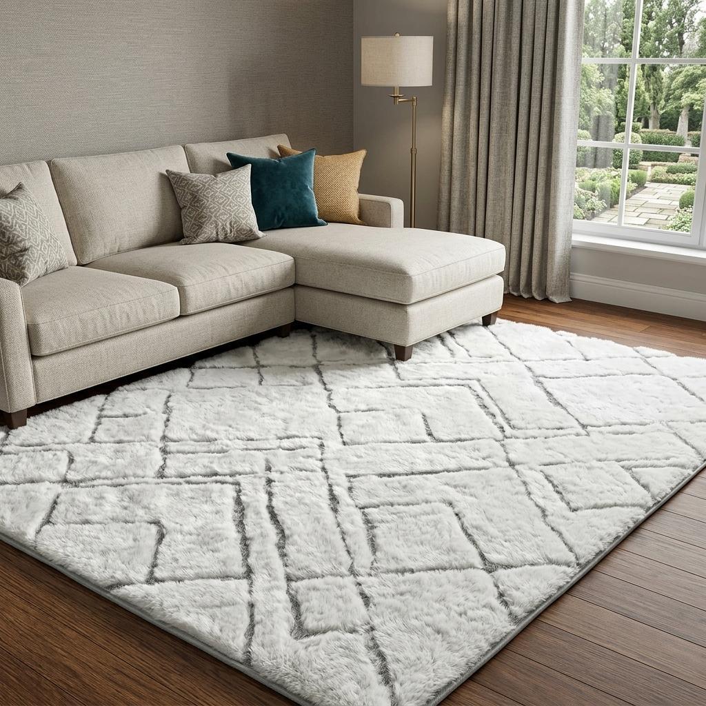 10' X 14' Peach And Ivory Geometric Shag Washable Area Rug With UV Protection - HomeRoots - Flyclothing LLC