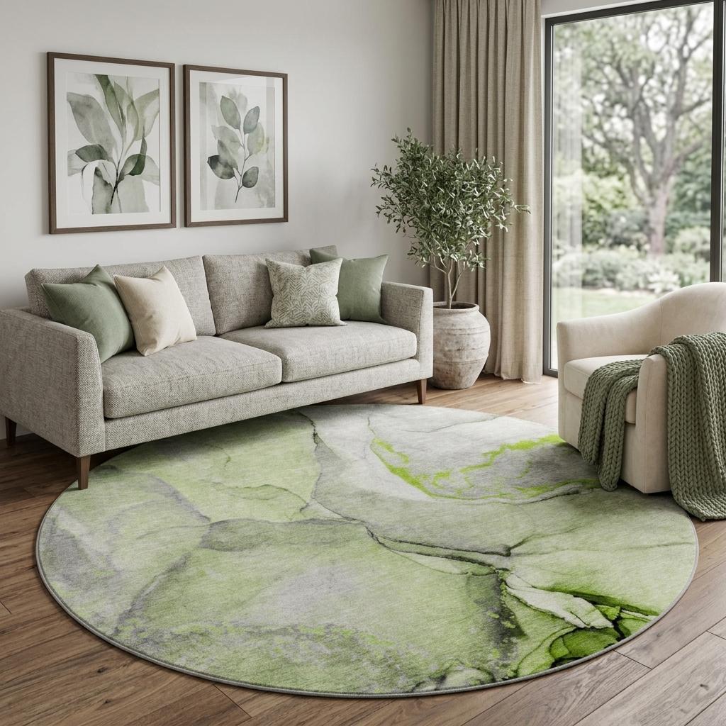 8' Green And Gray Abstract Shag Washable Round Rug With UV Protection - HomeRoots - Flyclothing LLC