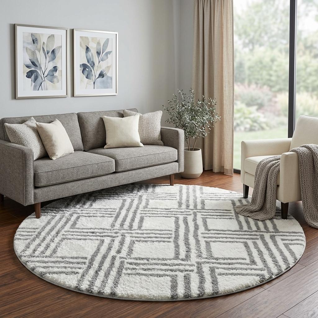 8' Pink And Ivory Geometric Shag Washable Round Rug With UV Protection - HomeRoots - Flyclothing LLC