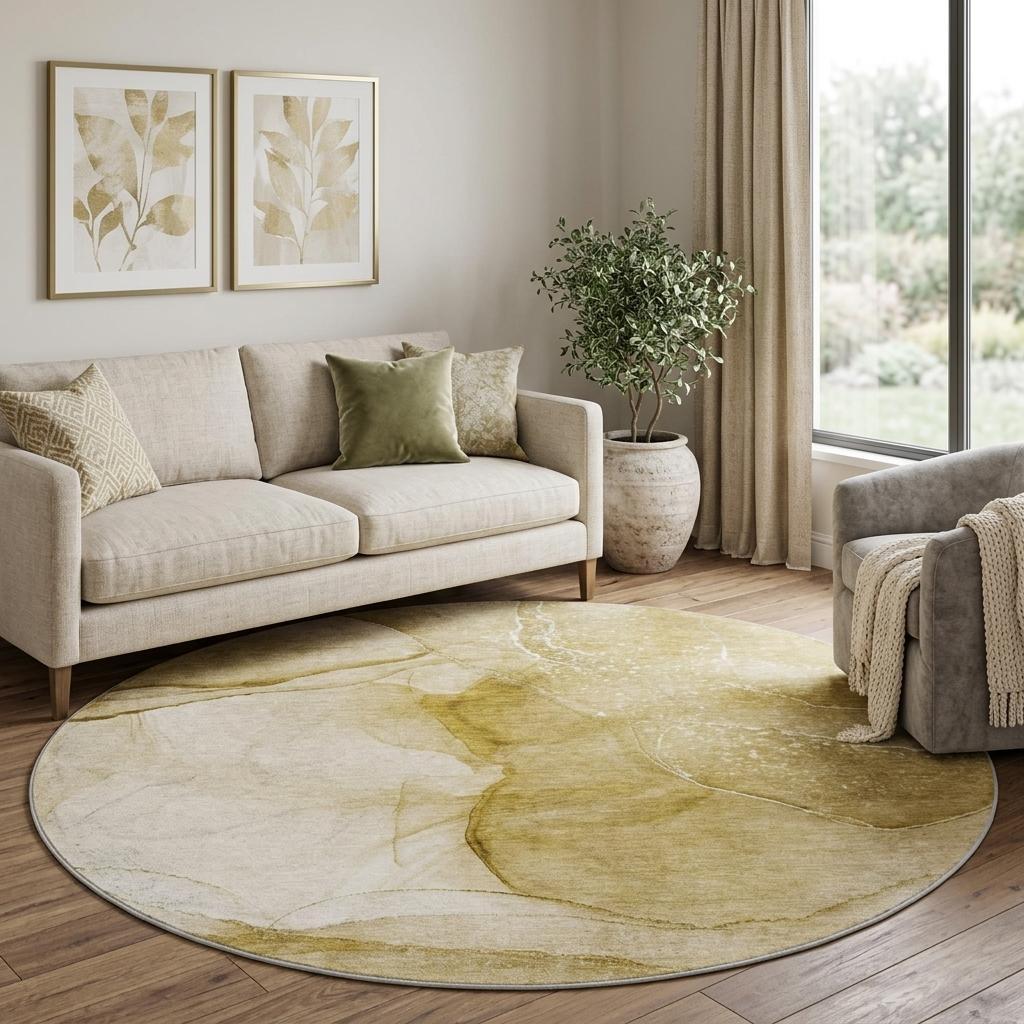 8' Beige And Ivory Abstract Shag Washable Round Rug With UV Protection - HomeRoots - Flyclothing LLC
