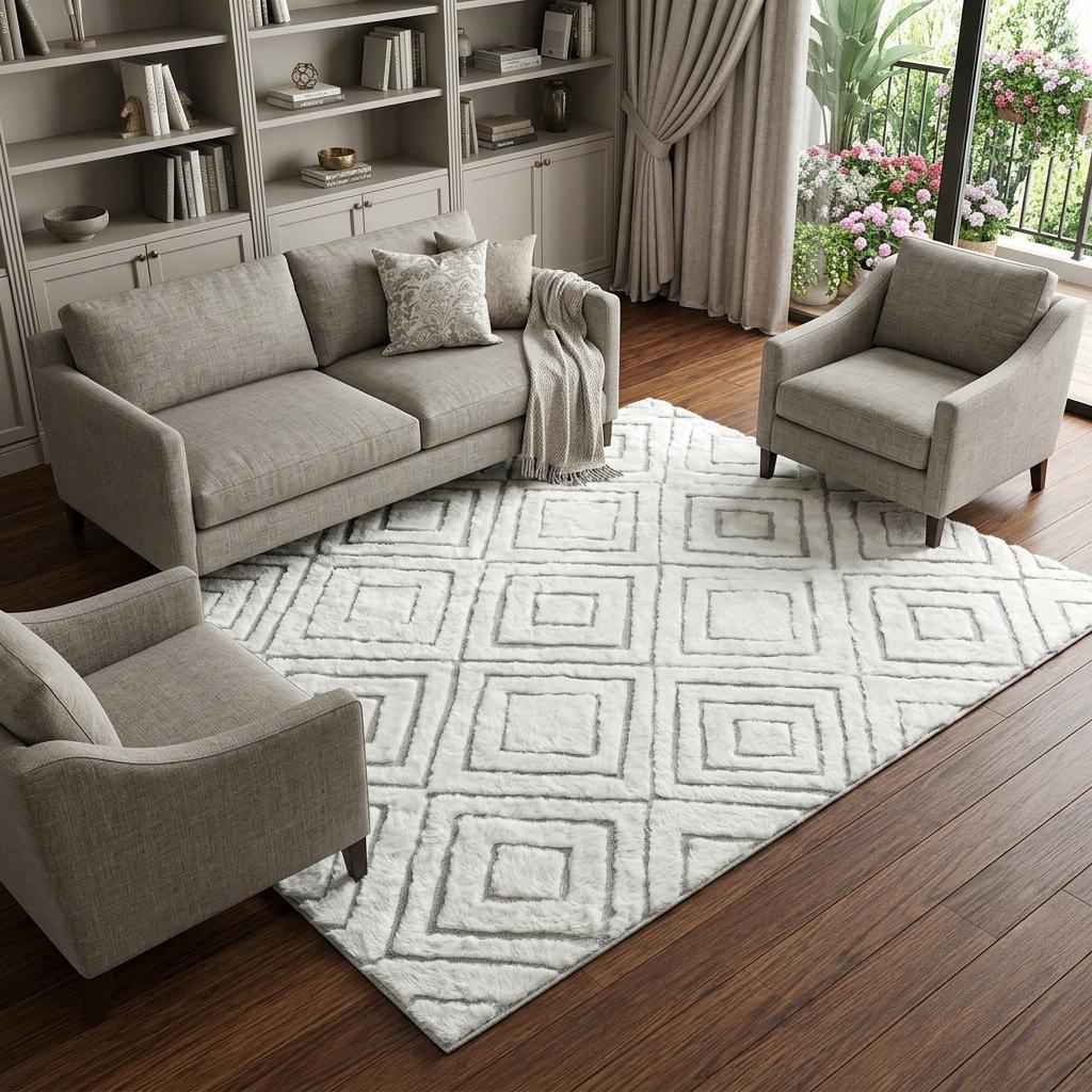 9' X 12' Pink And Ivory Geometric Shag Washable Area Rug With UV Protection - HomeRoots - Flyclothing LLC