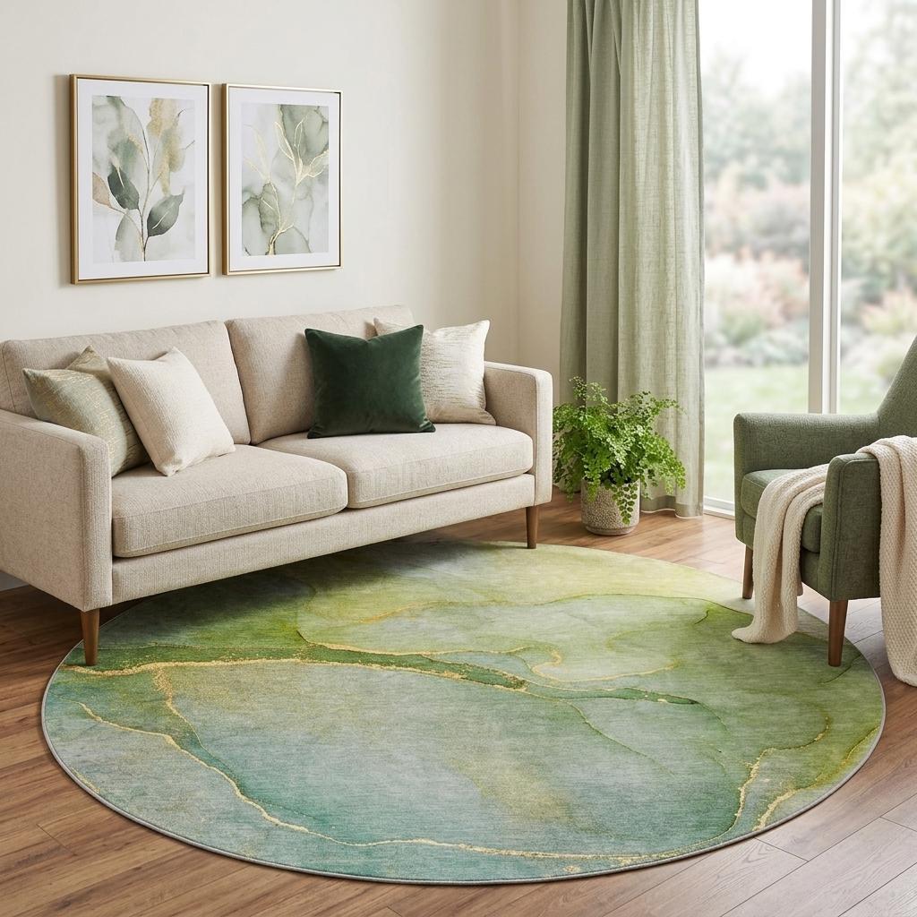 8' Green And Yellow Abstract Shag Washable Round Rug With UV Protection - HomeRoots - Flyclothing LLC