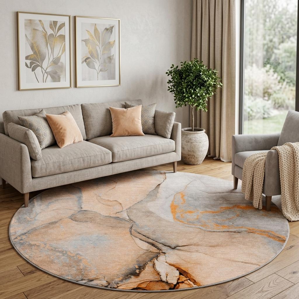 8' Orange And Peach Abstract Shag Washable Round Rug With UV Protection - HomeRoots - Flyclothing LLC