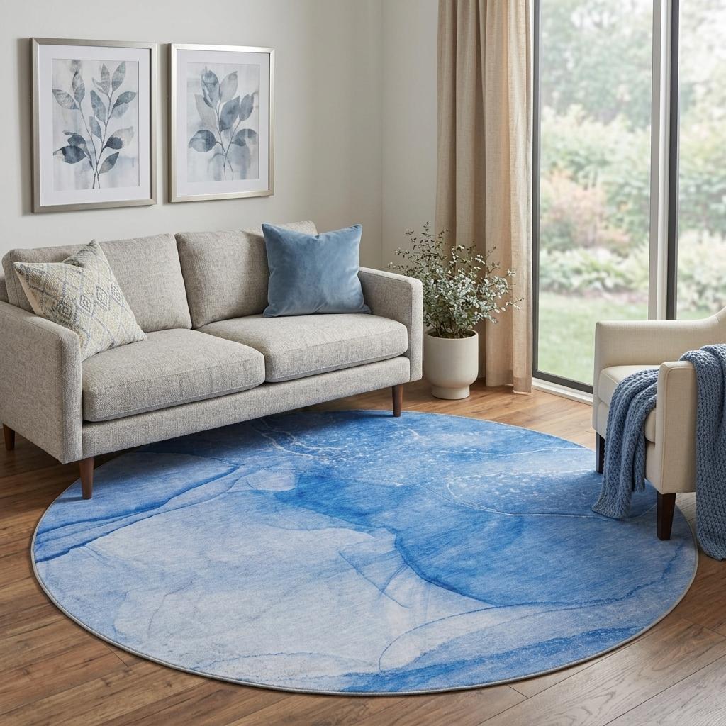 8' Blue And Denim Blue Abstract Shag Washable Round Rug With UV Protection - HomeRoots - Flyclothing LLC
