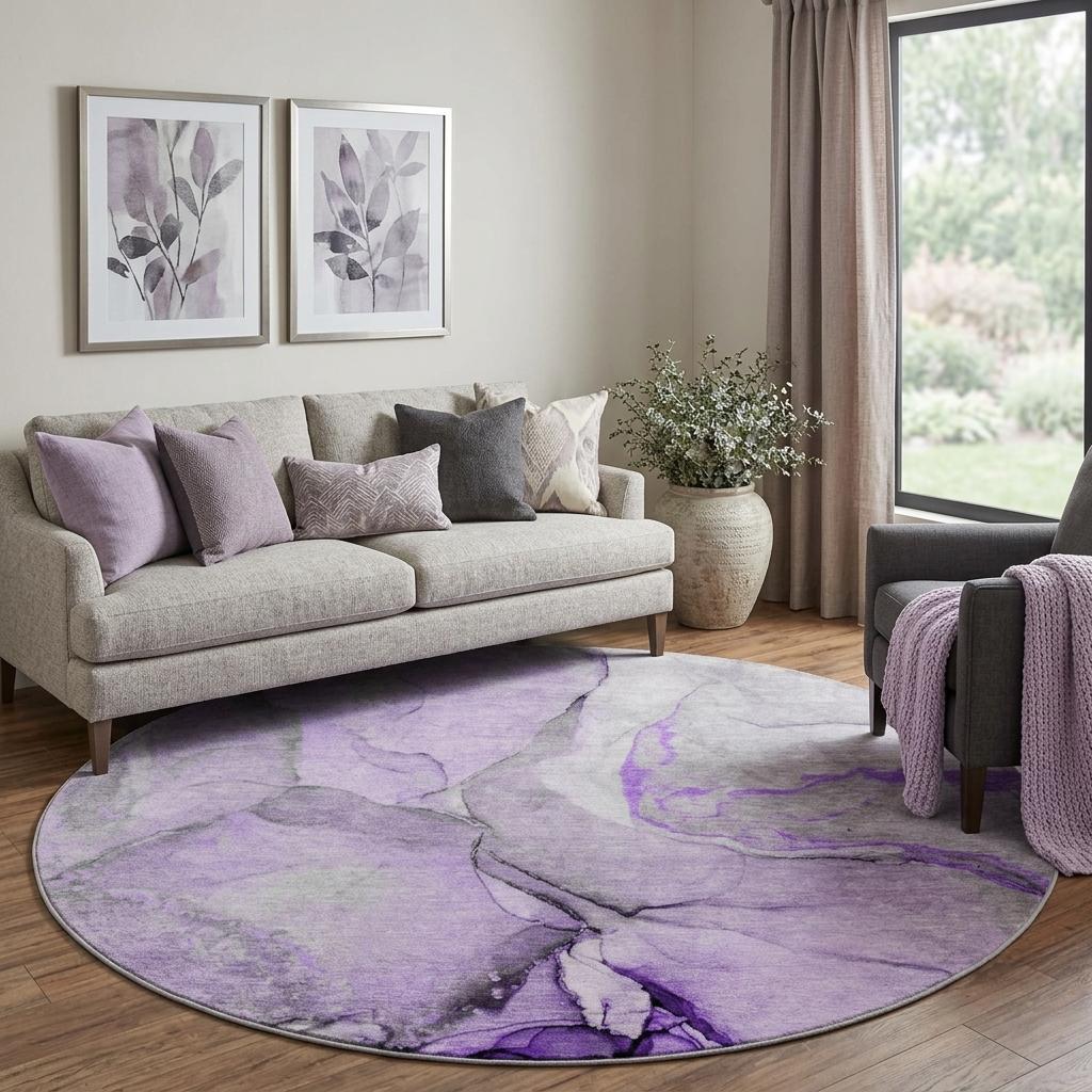 8' Purple And Lilac Abstract Shag Washable Round Rug With UV Protection - HomeRoots - Flyclothing LLC