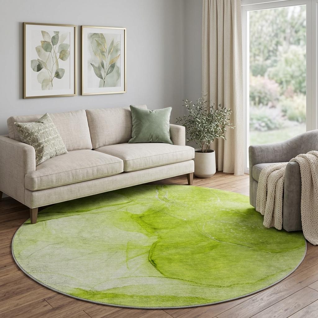 8' Green And Lime Green Abstract Shag Washable Round Rug With UV Protection - HomeRoots - Flyclothing LLC
