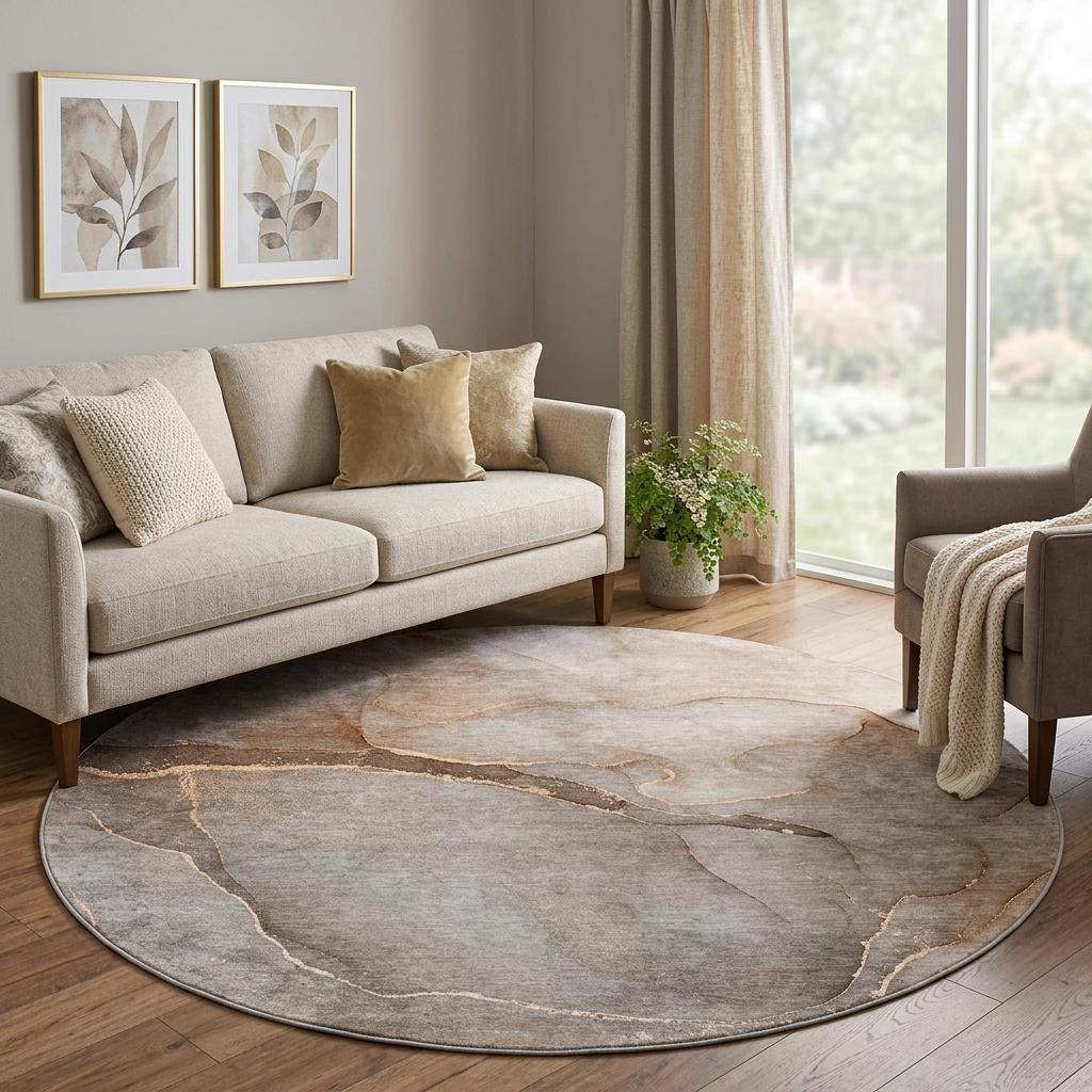 8' Taupe And Gray Abstract Shag Washable Round Rug With UV Protection - HomeRoots - Flyclothing LLC