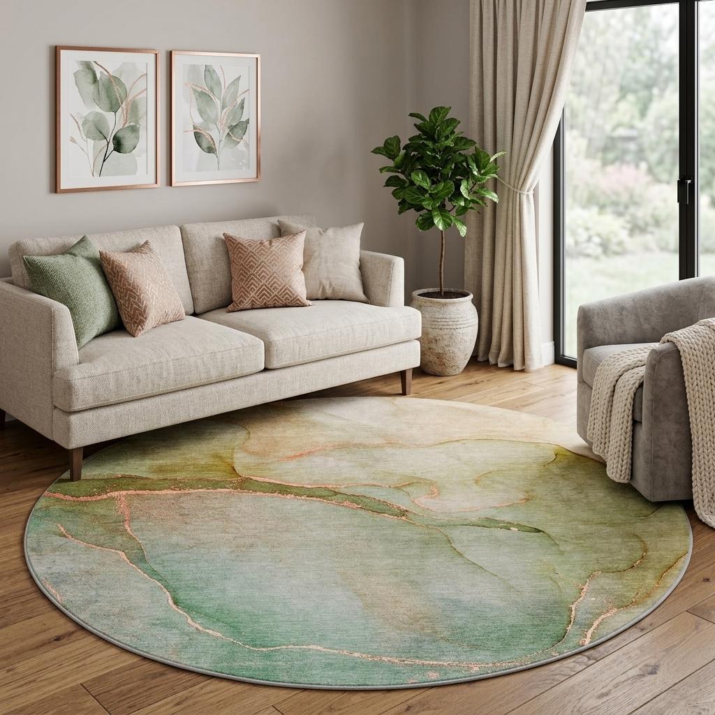 8' Teal And Orange Abstract Shag Washable Round Rug With UV Protection - HomeRoots - Flyclothing LLC