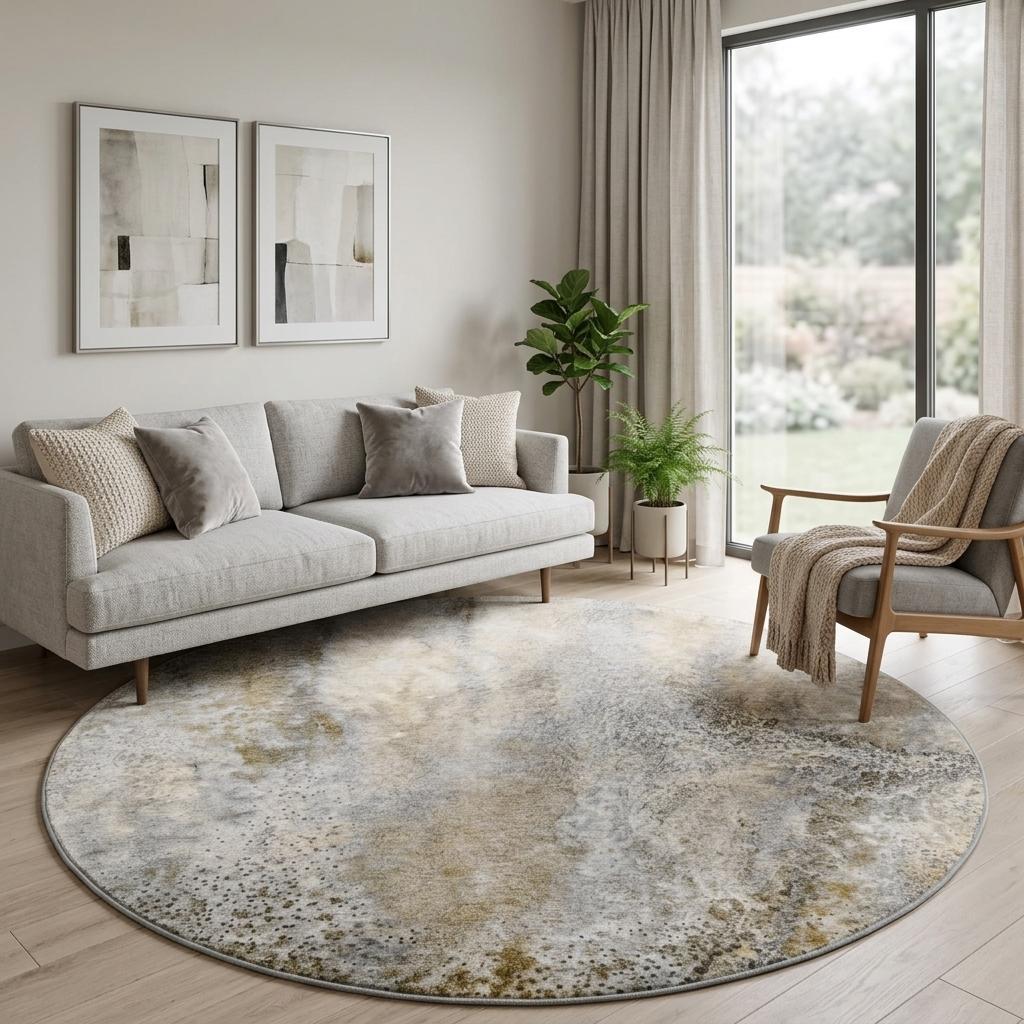 8' Beige And Taupe Abstract Shag Washable Round Rug With UV Protection - HomeRoots - Flyclothing LLC
