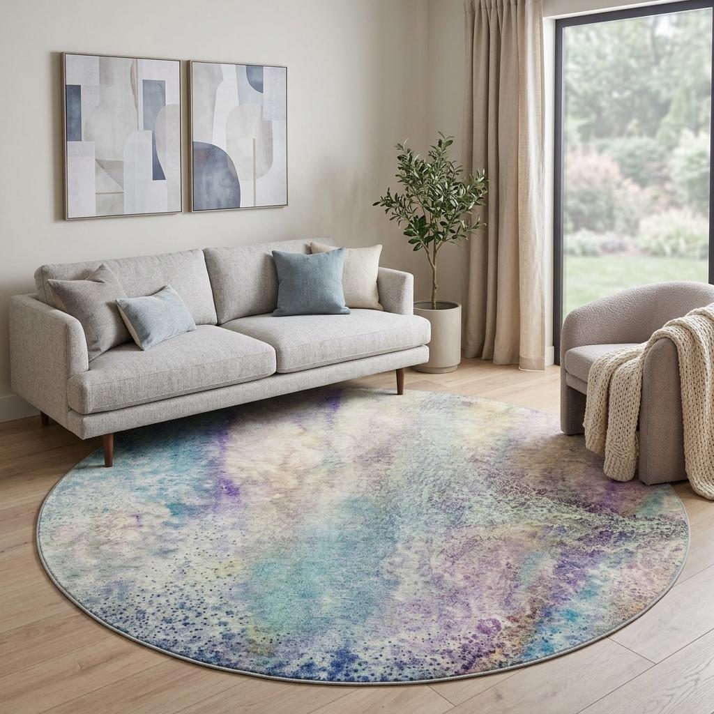 8' Blue And Teal Abstract Shag Washable Round Rug With UV Protection - HomeRoots - Flyclothing LLC