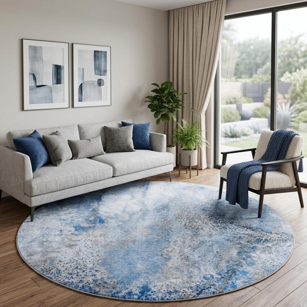 8' Navy Blue And Blue Abstract Shag Washable Round Rug With UV Protection - HomeRoots - Flyclothing LLC