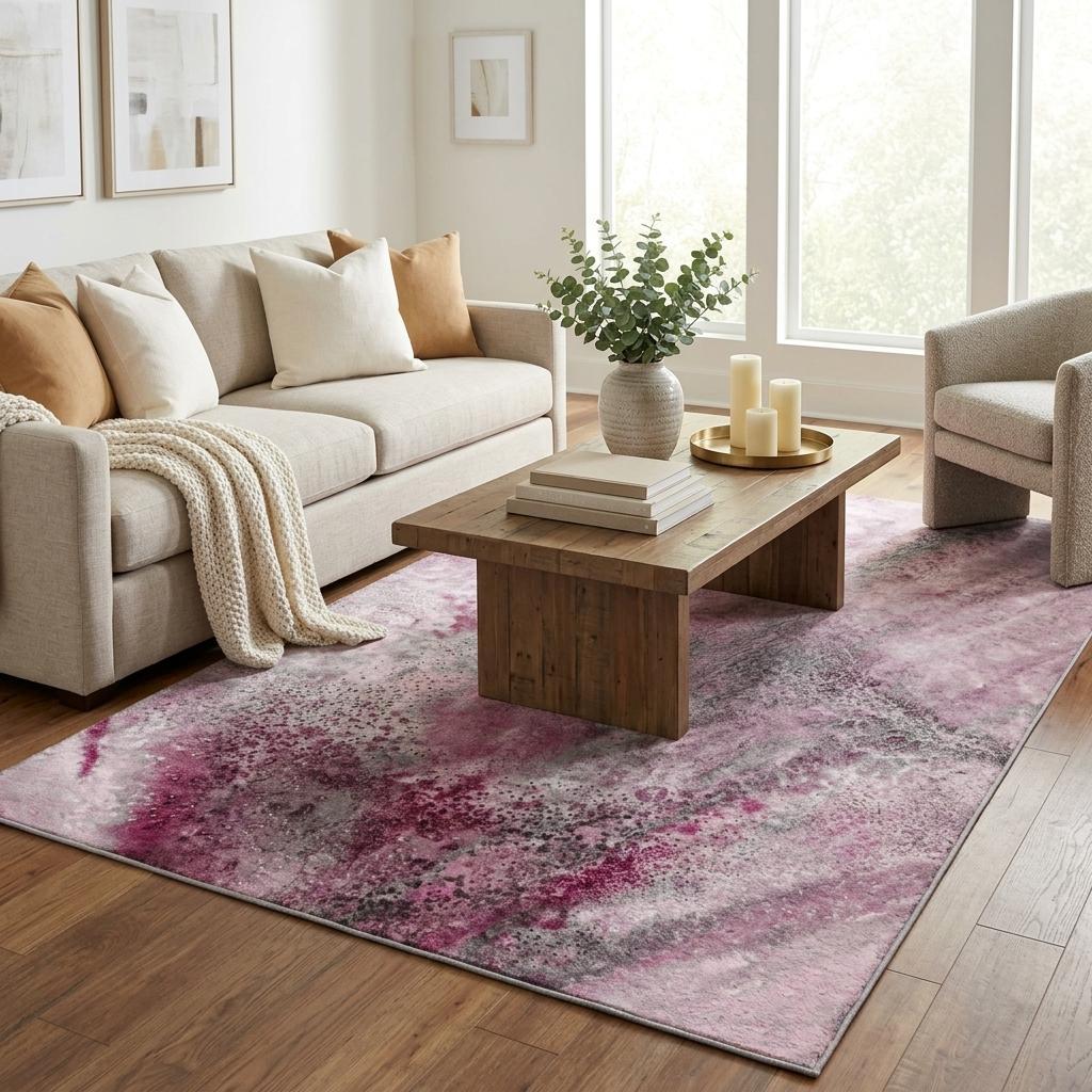 5' X 8' Pink And Blush Abstract Shag Washable Area Rug With UV Protection - HomeRoots - Flyclothing LLC