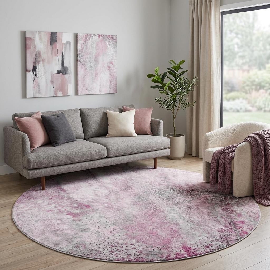 8' Pink And Blush Abstract Shag Washable Round Rug With UV Protection - HomeRoots - Flyclothing LLC