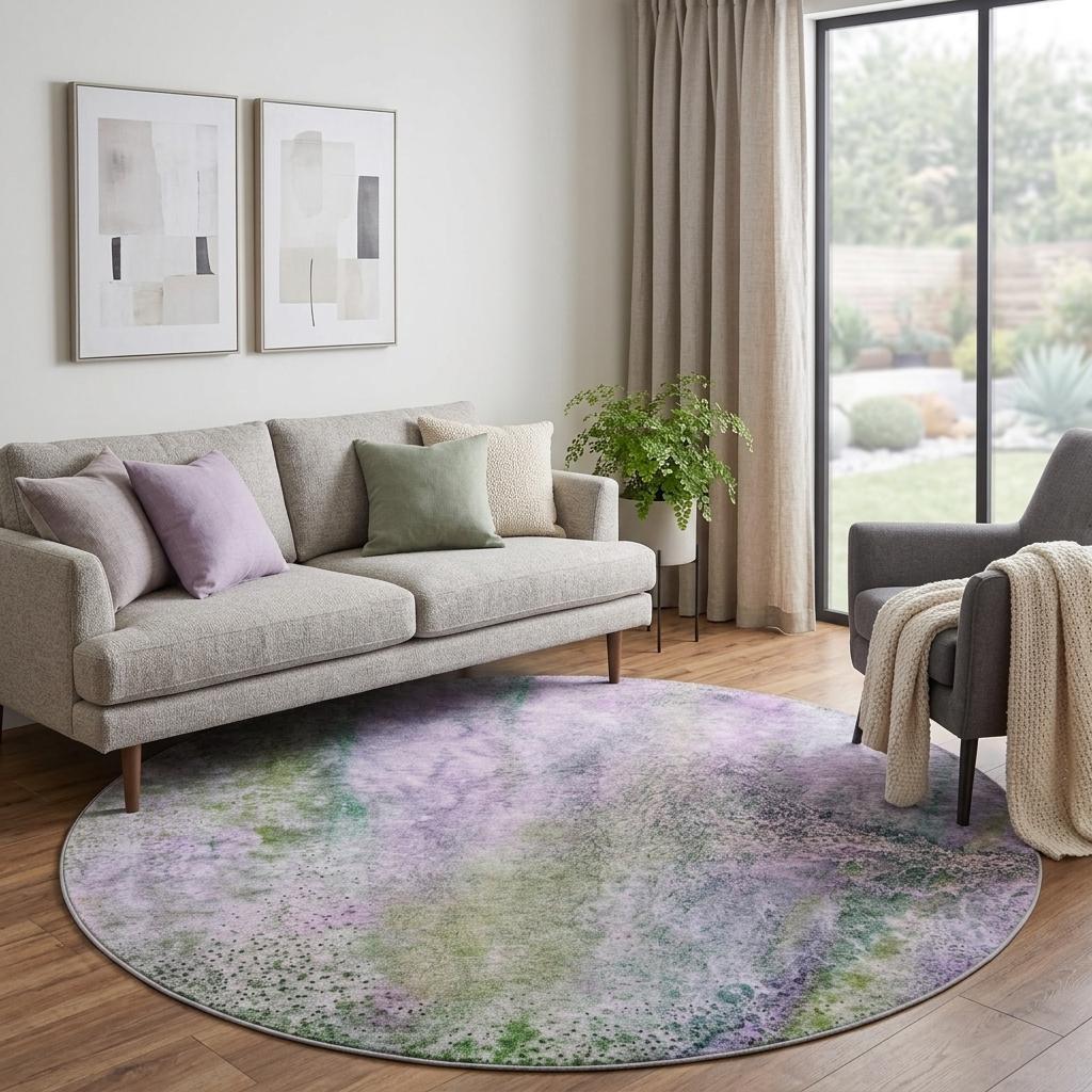8' Purple And Green Abstract Shag Washable Round Rug With UV Protection - HomeRoots - Flyclothing LLC