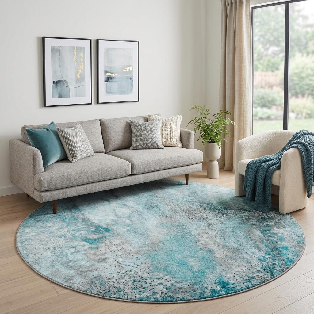 8' Teal And Turquoise Abstract Shag Washable Round Rug With UV Protection - HomeRoots - Flyclothing LLC