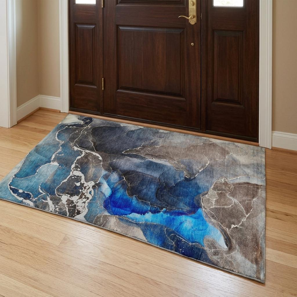 3' X 5' Navy Blue And Brown Abstract Shag Washable Area Rug With UV Protection - HomeRoots - Flyclothing LLC