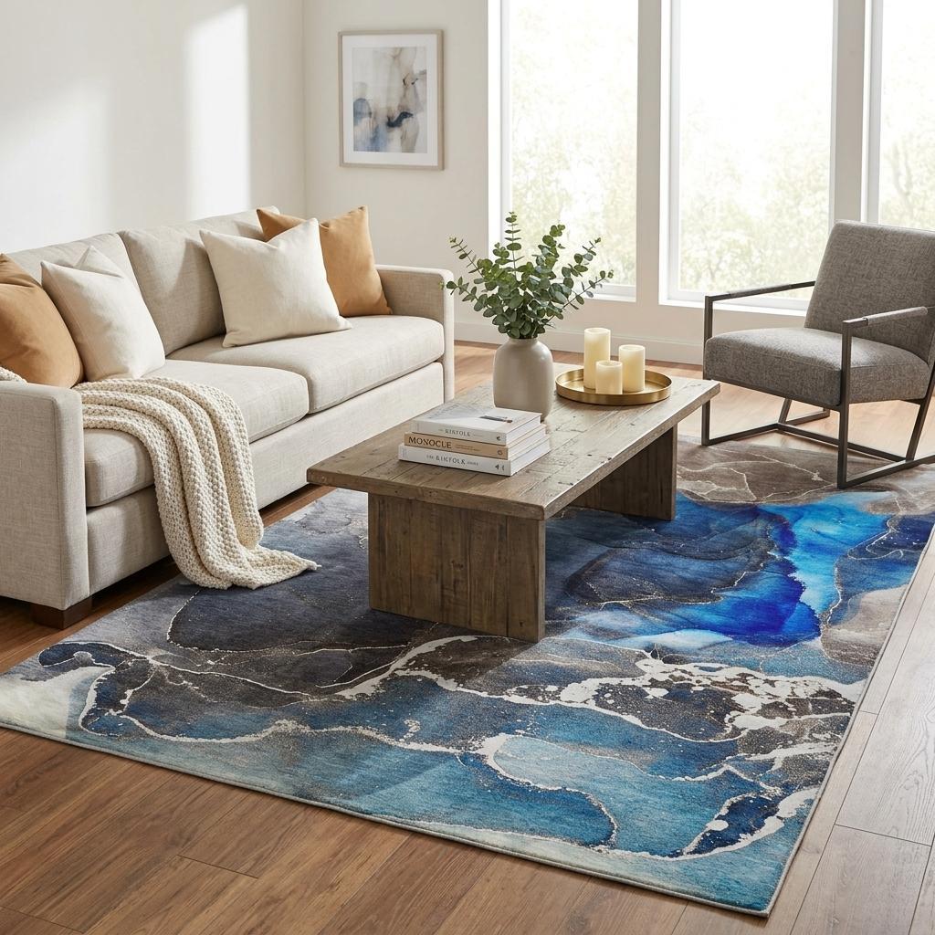 5' X 8' Navy Blue And Brown Abstract Shag Washable Area Rug With UV Protection - HomeRoots - Flyclothing LLC