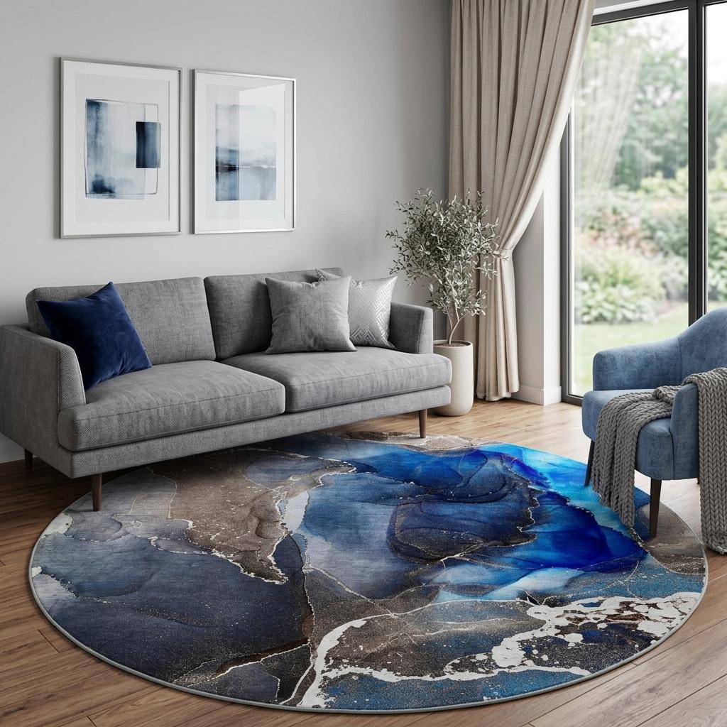 8' Navy Blue And Brown Abstract Shag Washable Round Rug With UV Protection - HomeRoots - Flyclothing LLC