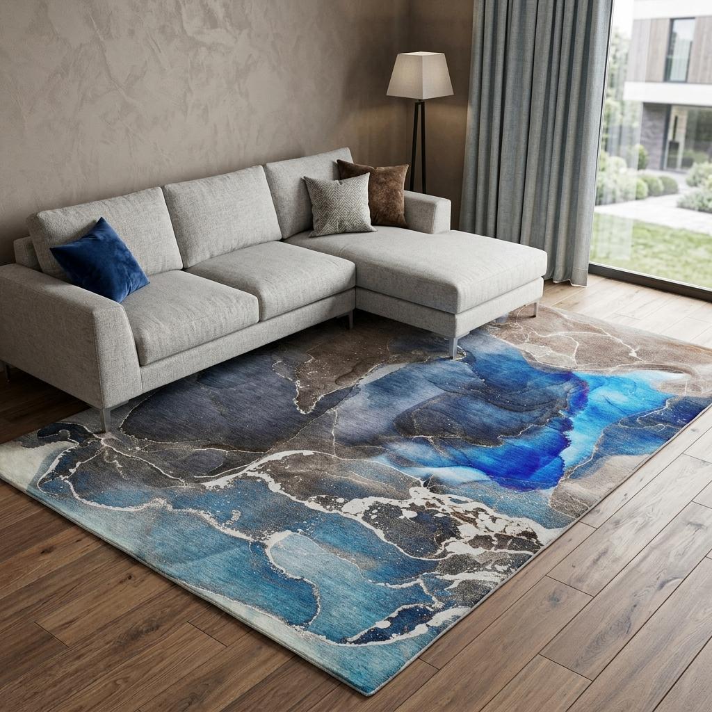 8' X 10' Navy Blue And Brown Abstract Shag Washable Area Rug With UV Protection - HomeRoots - Flyclothing LLC