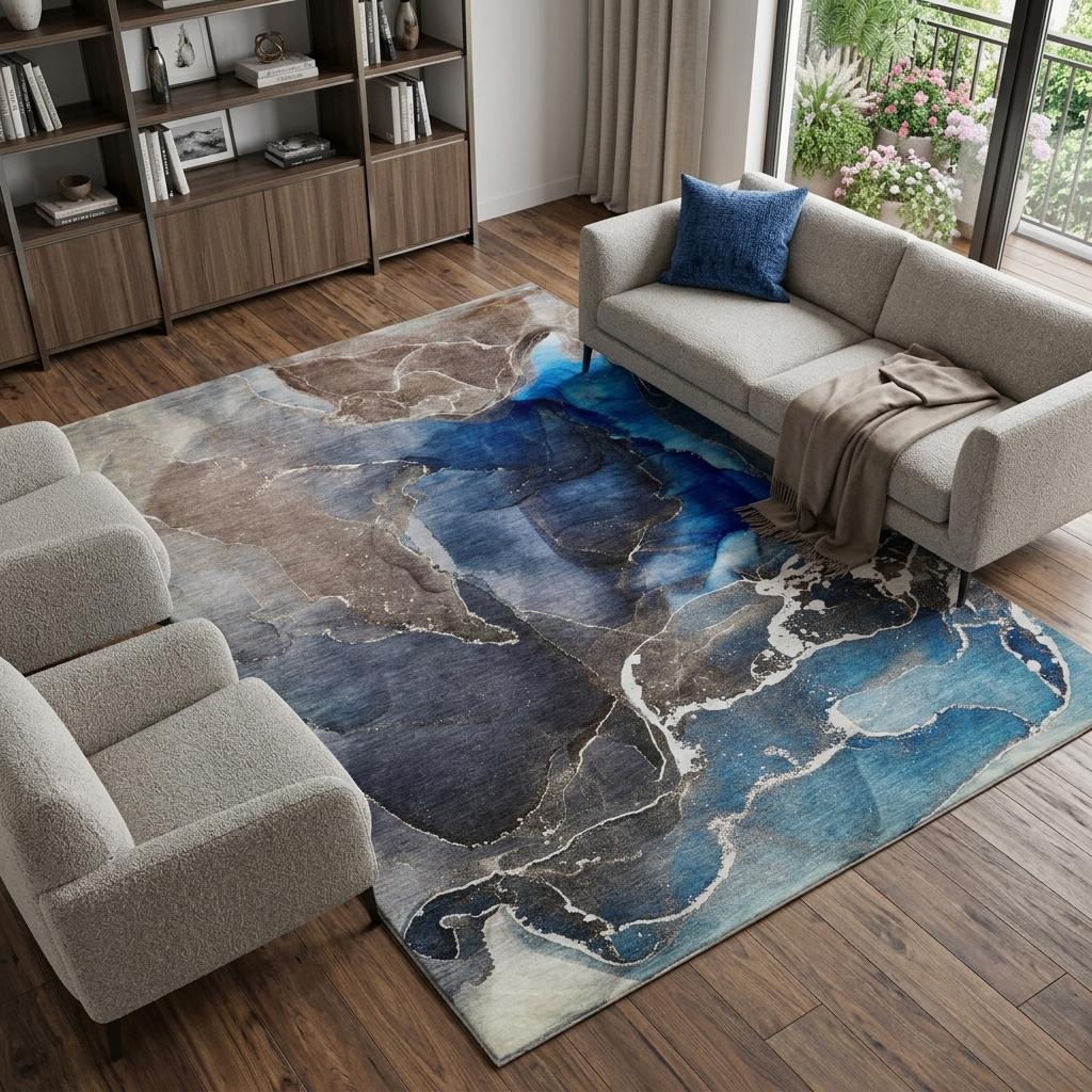 10' X 14' Navy Blue And Brown Abstract Shag Washable Area Rug With UV Protection - HomeRoots - Flyclothing LLC