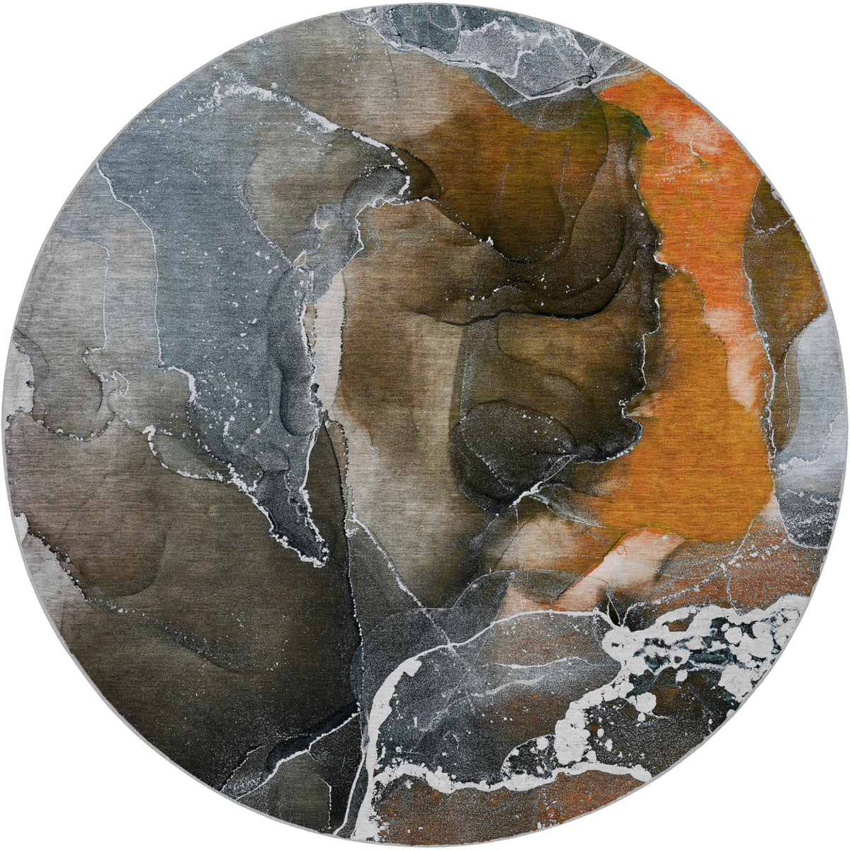 8' Orange And Brown Abstract Shag Washable Round Rug With UV Protection - HomeRoots - Flyclothing LLC