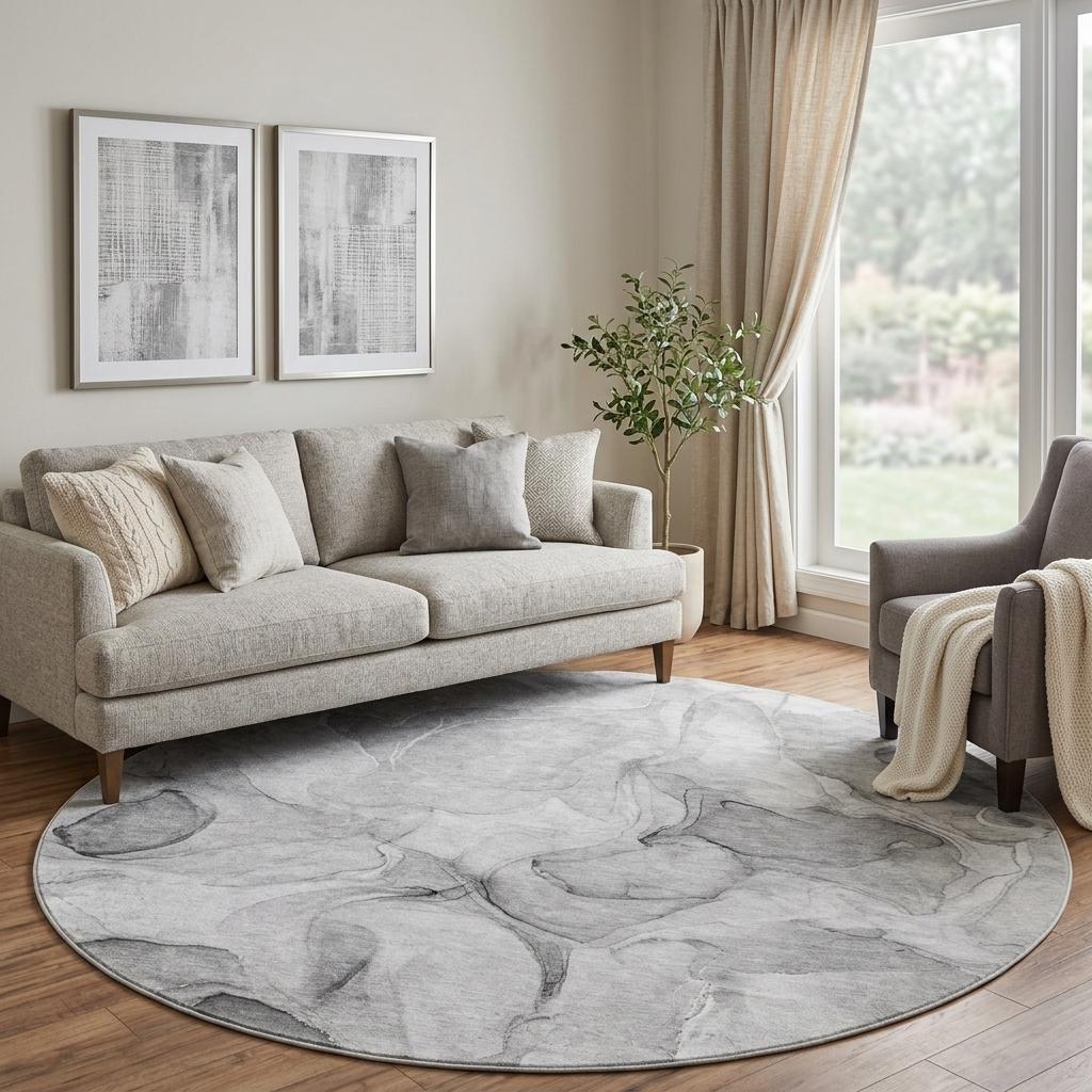 8' Gray And Charcoal Abstract Shag Washable Round Rug With UV Protection - HomeRoots - Flyclothing LLC