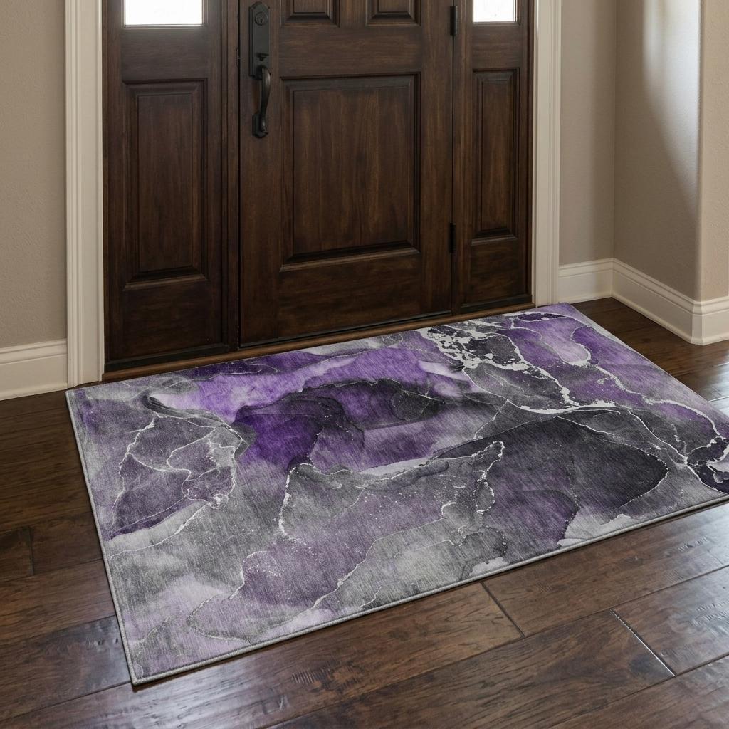 3' X 5' Purple And Gray Abstract Shag Washable Area Rug With UV Protection - HomeRoots - Flyclothing LLC