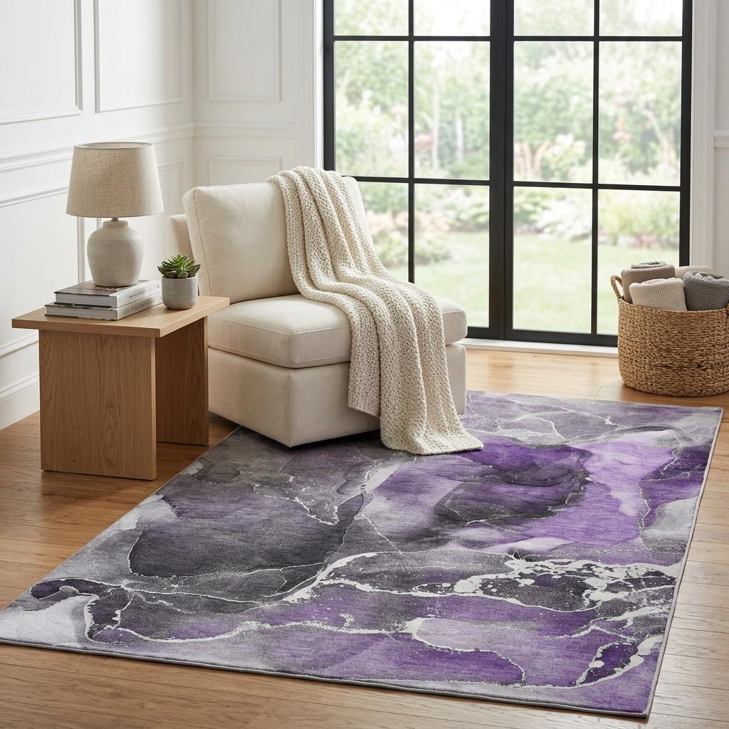 5' X 8' Purple And Gray Abstract Shag Washable Area Rug With UV Protection - HomeRoots - Flyclothing LLC