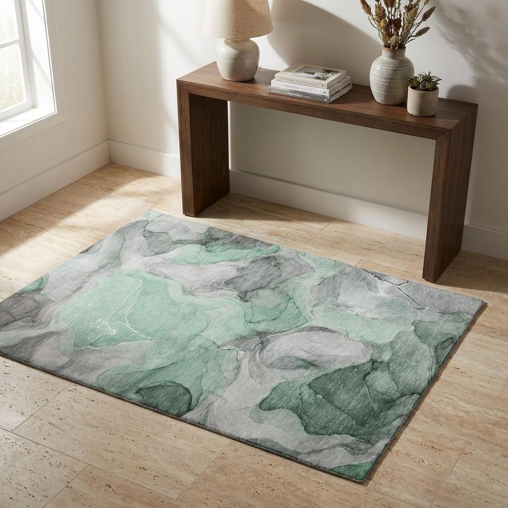 3' X 5' Green And Mint Green Abstract Shag Washable Area Rug With UV Protection - HomeRoots - Flyclothing LLC