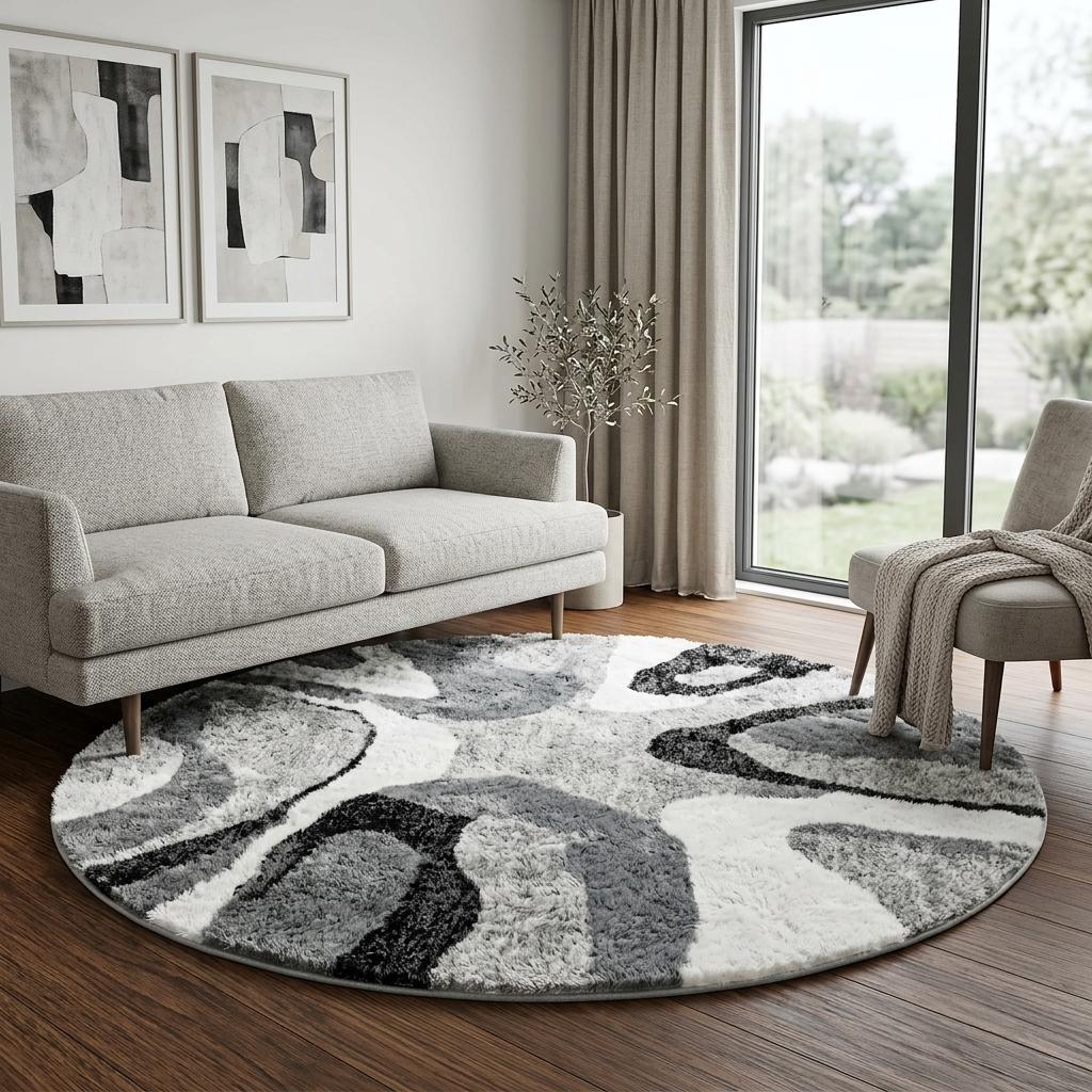 8' Purple And Gray Abstract Shag Washable Round Rug With UV Protection - HomeRoots - Flyclothing LLC