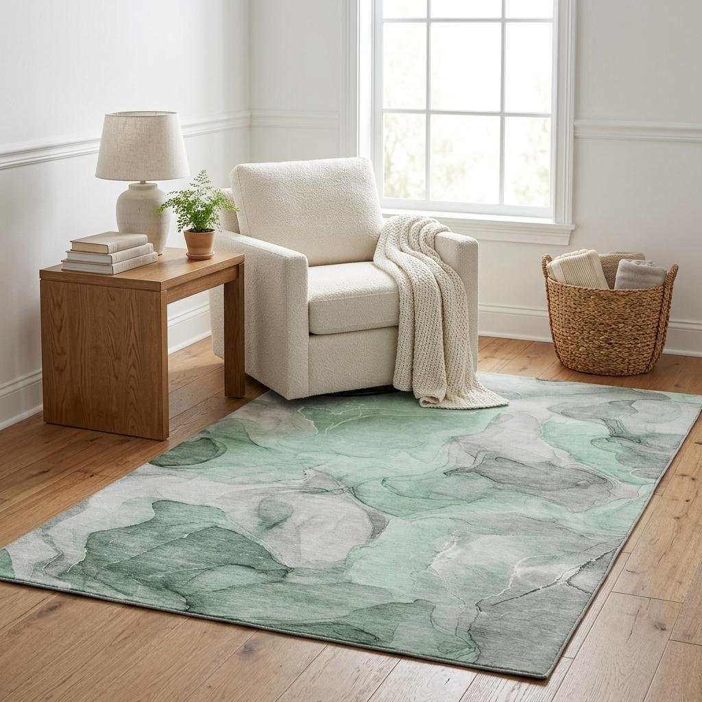 5' X 8' Green And Mint Green Abstract Shag Washable Area Rug With UV Protection - HomeRoots - Flyclothing LLC