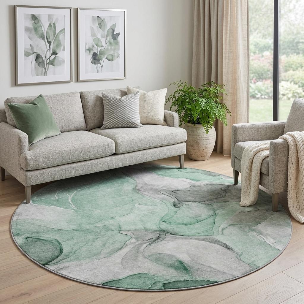 8' Green And Mint Green Abstract Shag Washable Round Rug With UV Protection - HomeRoots - Flyclothing LLC