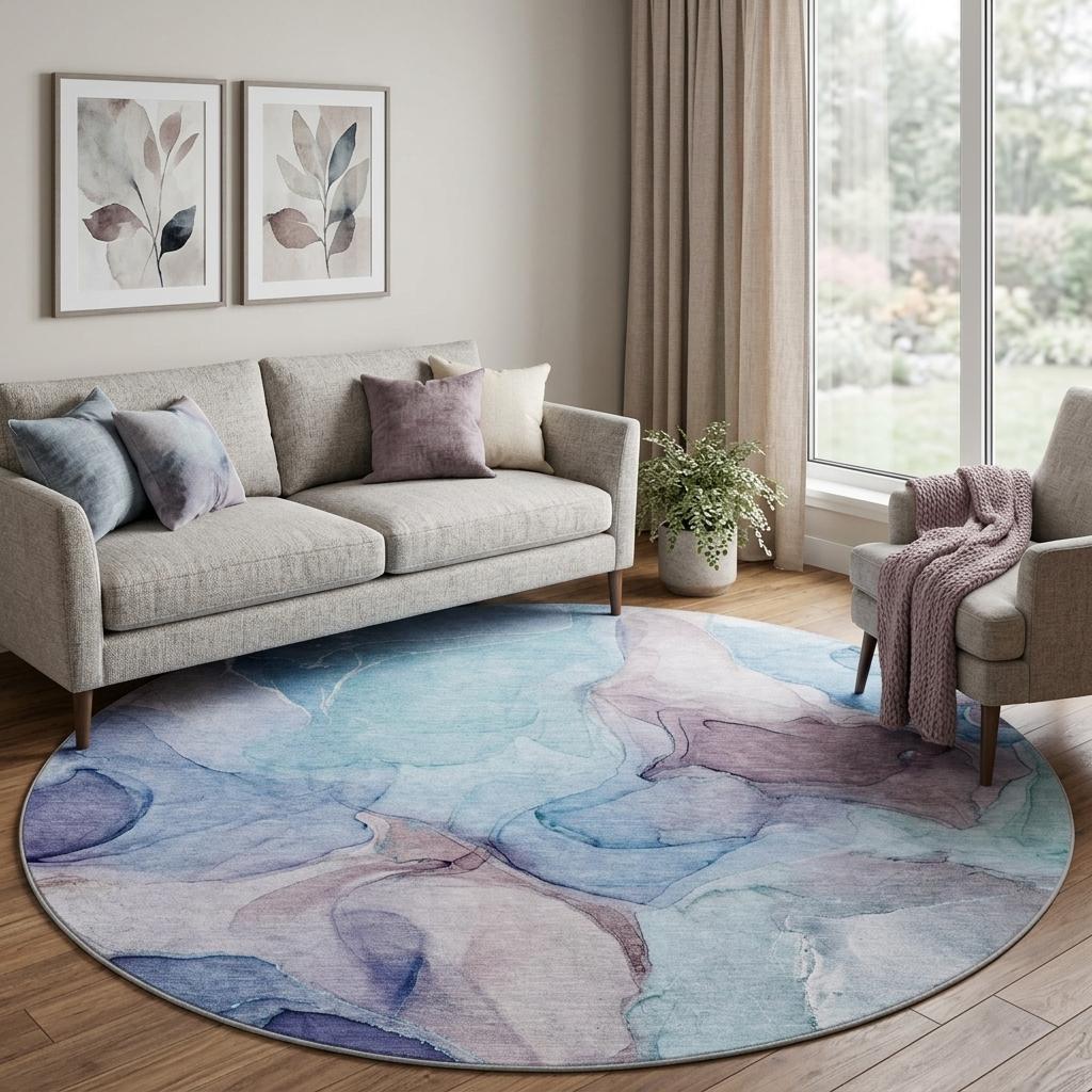 8' Navy Blue And Blue Abstract Shag Washable Round Rug With UV Protection - HomeRoots - Flyclothing LLC
