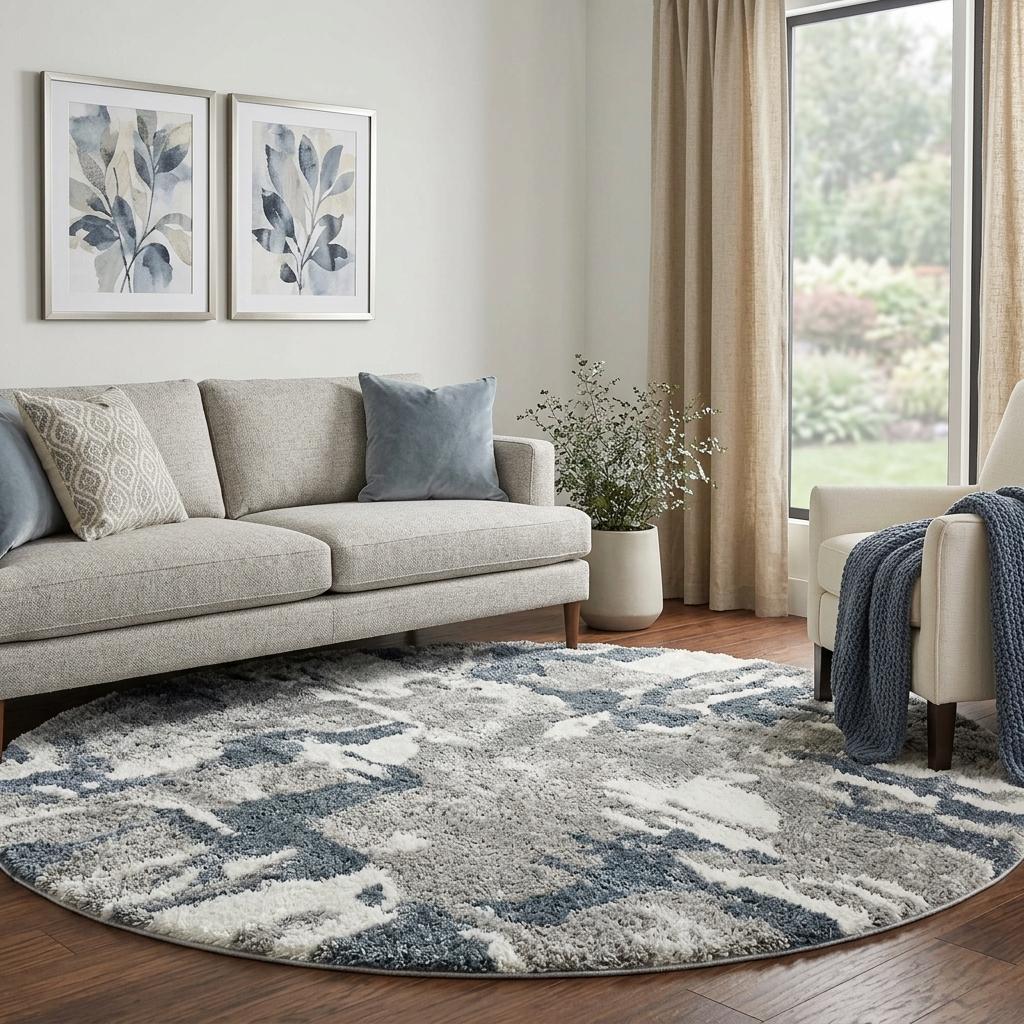 8' Blue And Denim Blue Abstract Shag Washable Round Rug With UV Protection - HomeRoots - Flyclothing LLC