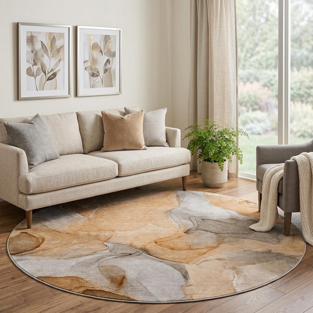 8' Orange And Peach Abstract Shag Washable Round Rug With UV Protection - HomeRoots - Flyclothing LLC