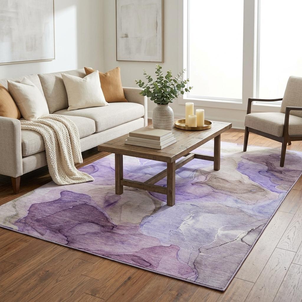 5' X 8' Purple And Lilac Abstract Shag Washable Area Rug With UV Protection - HomeRoots - Flyclothing LLC