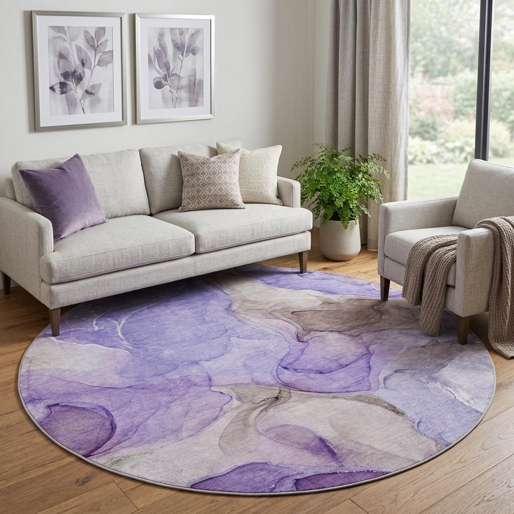 8' Purple And Lilac Abstract Shag Washable Round Rug With UV Protection - HomeRoots - Flyclothing LLC