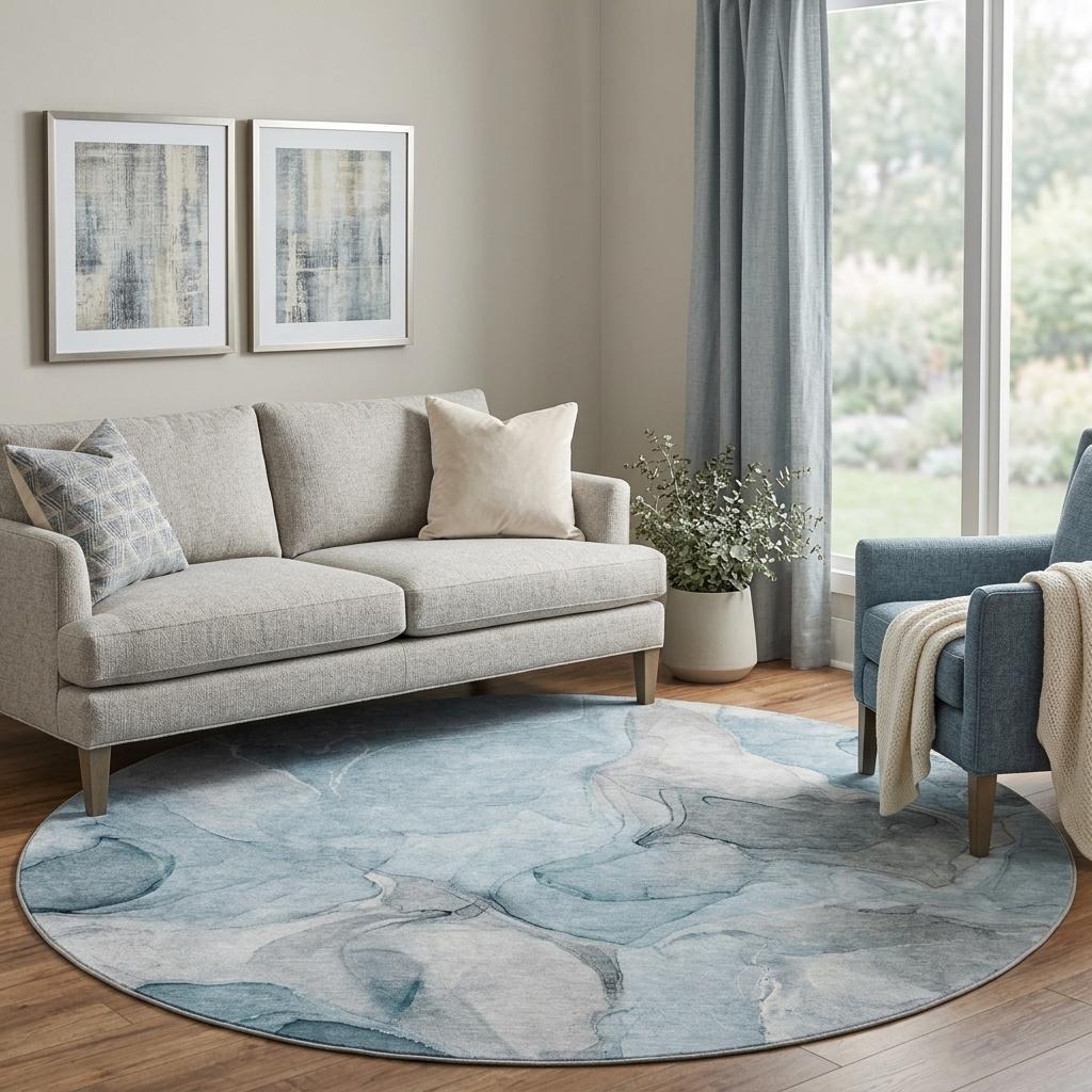 8' Teal And Gray Abstract Shag Washable Round Rug With UV Protection - HomeRoots - Flyclothing LLC