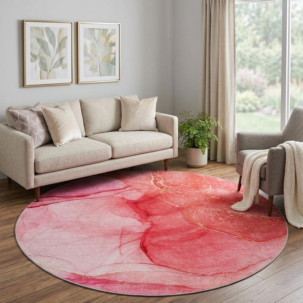 8' Pink And Blush Abstract Shag Washable Round Rug With UV Protection - HomeRoots - Flyclothing LLC