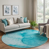 8' Teal And Ivory Abstract Shag Washable Round Rug With UV Protection - HomeRoots - Flyclothing LLC