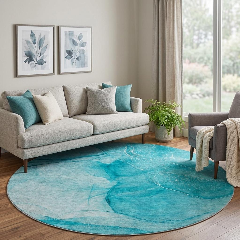 8' Teal And Ivory Abstract Shag Washable Round Rug With UV Protection - HomeRoots - Flyclothing LLC