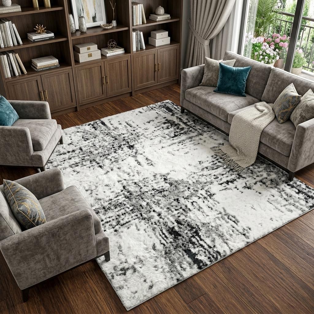 9' X 12' Teal And Ivory Abstract Shag Washable Area Rug With UV Protection - HomeRoots - Flyclothing LLC
