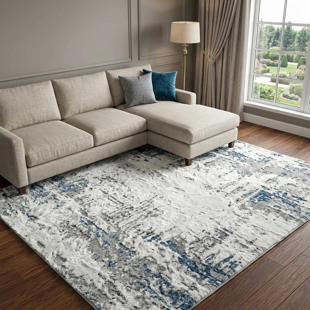 10' X 14' Teal And Ivory Abstract Shag Washable Area Rug With UV Protection - HomeRoots - Flyclothing LLC