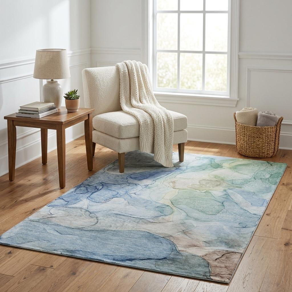 5' X 8' Blue And Teal Abstract Shag Washable Area Rug With UV Protection - HomeRoots - Flyclothing LLC