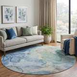 8' Blue And Teal Abstract Shag Washable Round Rug With UV Protection - HomeRoots - Flyclothing LLC