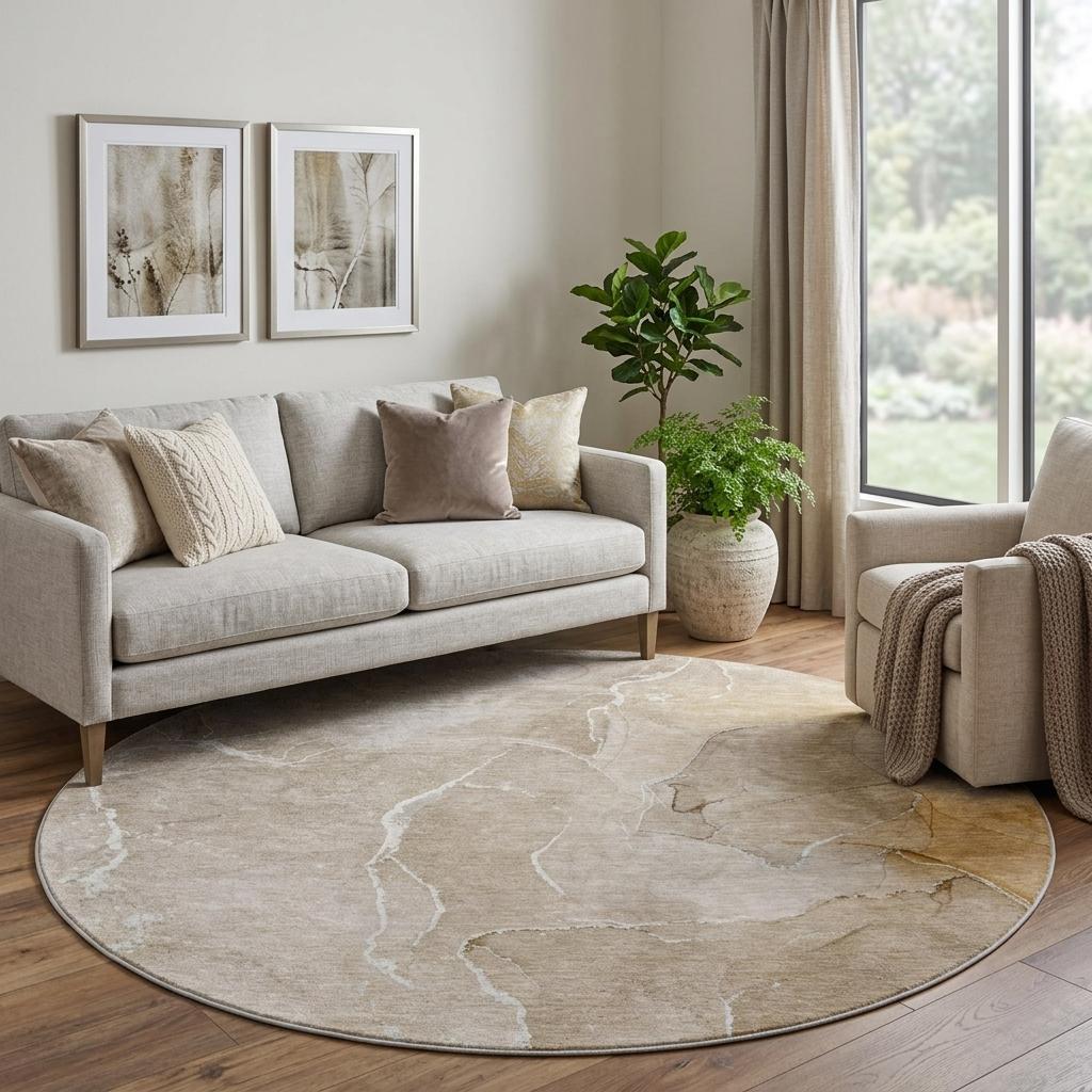 8' Beige And Taupe Abstract Shag Washable Round Rug With UV Protection - HomeRoots - Flyclothing LLC