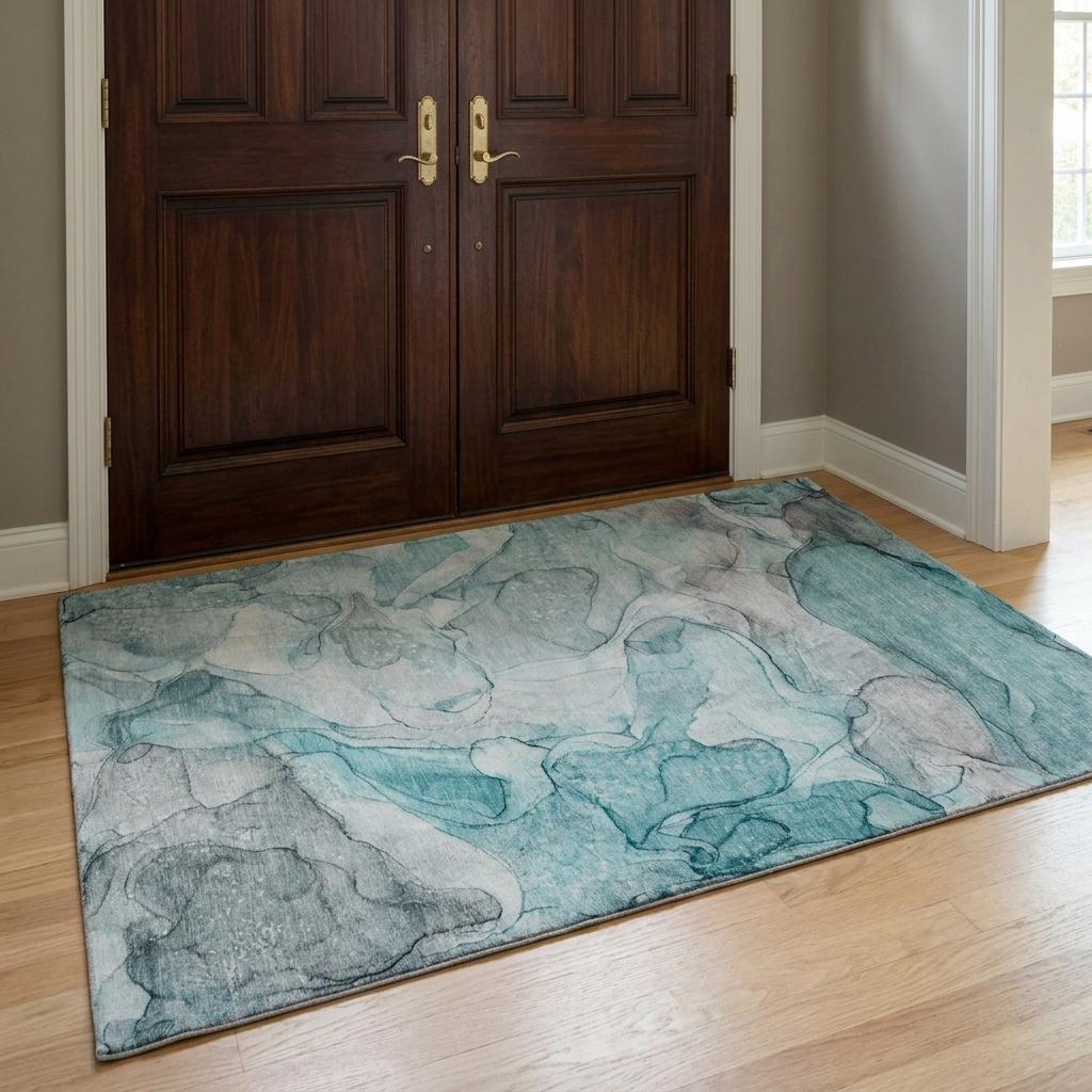3' X 5' Teal And Gray Abstract Shag Washable Area Rug With UV Protection - HomeRoots - Flyclothing LLC