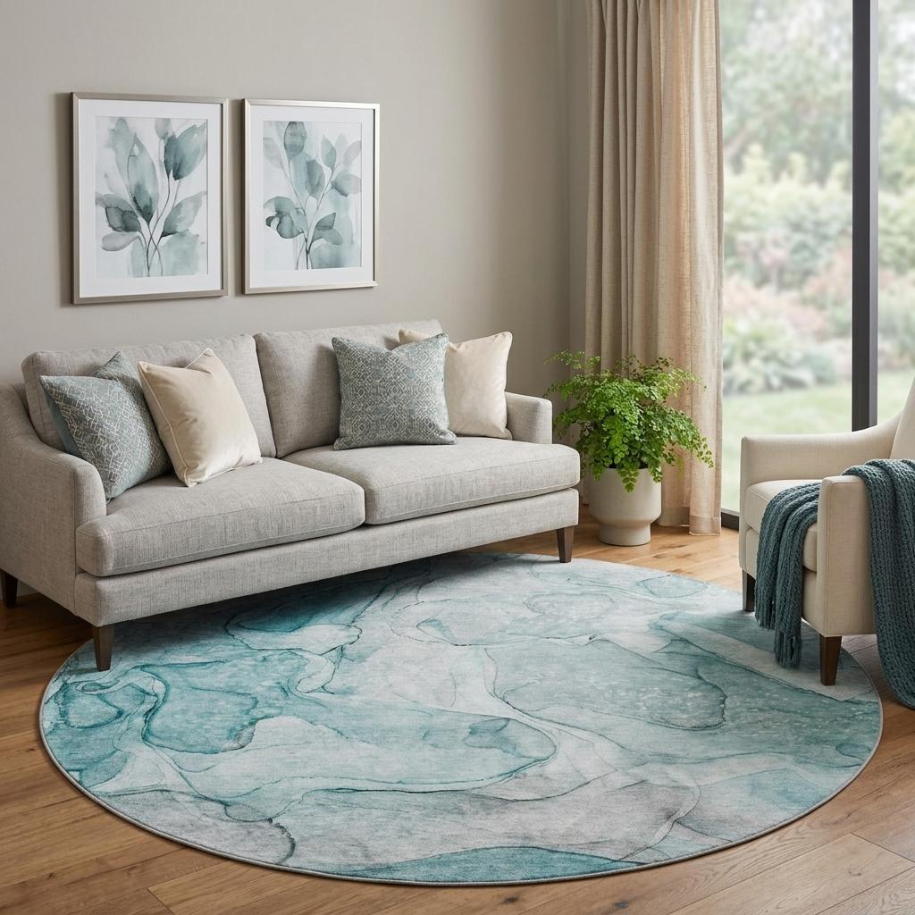8' Teal And Gray Abstract Shag Washable Round Rug With UV Protection - HomeRoots - Flyclothing LLC
