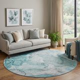 8' Teal And Gray Abstract Shag Washable Round Rug With UV Protection - HomeRoots - Flyclothing LLC